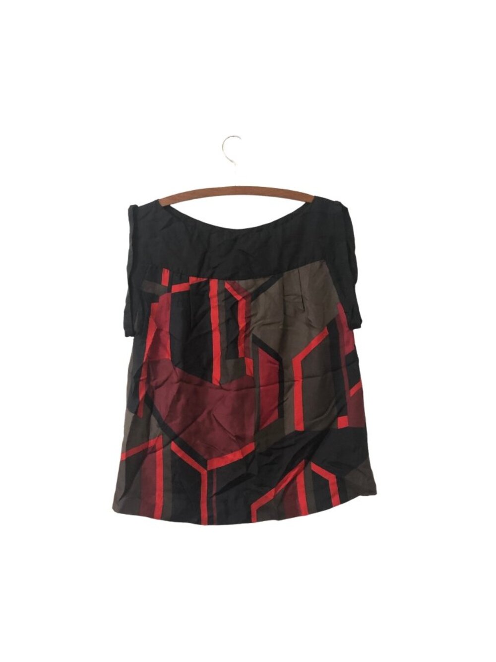 Zara Woman Black Gray Red Geometric Silk Cuffed Sleeve Blouse Top Medium